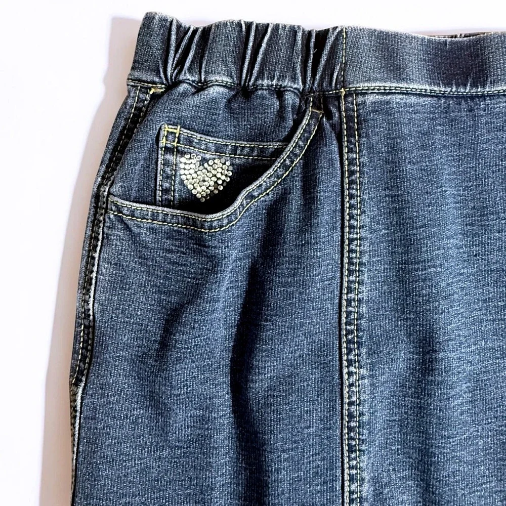 Quacker Factory DreamJeannes Blue Denim Cargo Skirt Rhinestone Heart Large